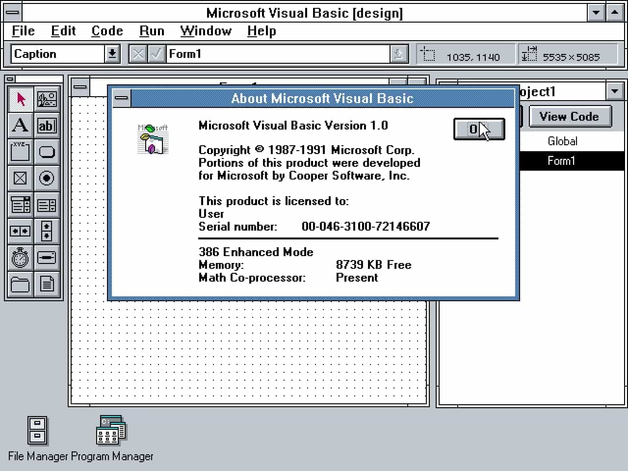 A screenshot showing the Visual Basic 1.0 starting interface. There are 16 buttons in the left panel.